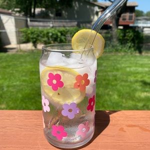 Flower libbey glass can cup || 16 oz || handmade